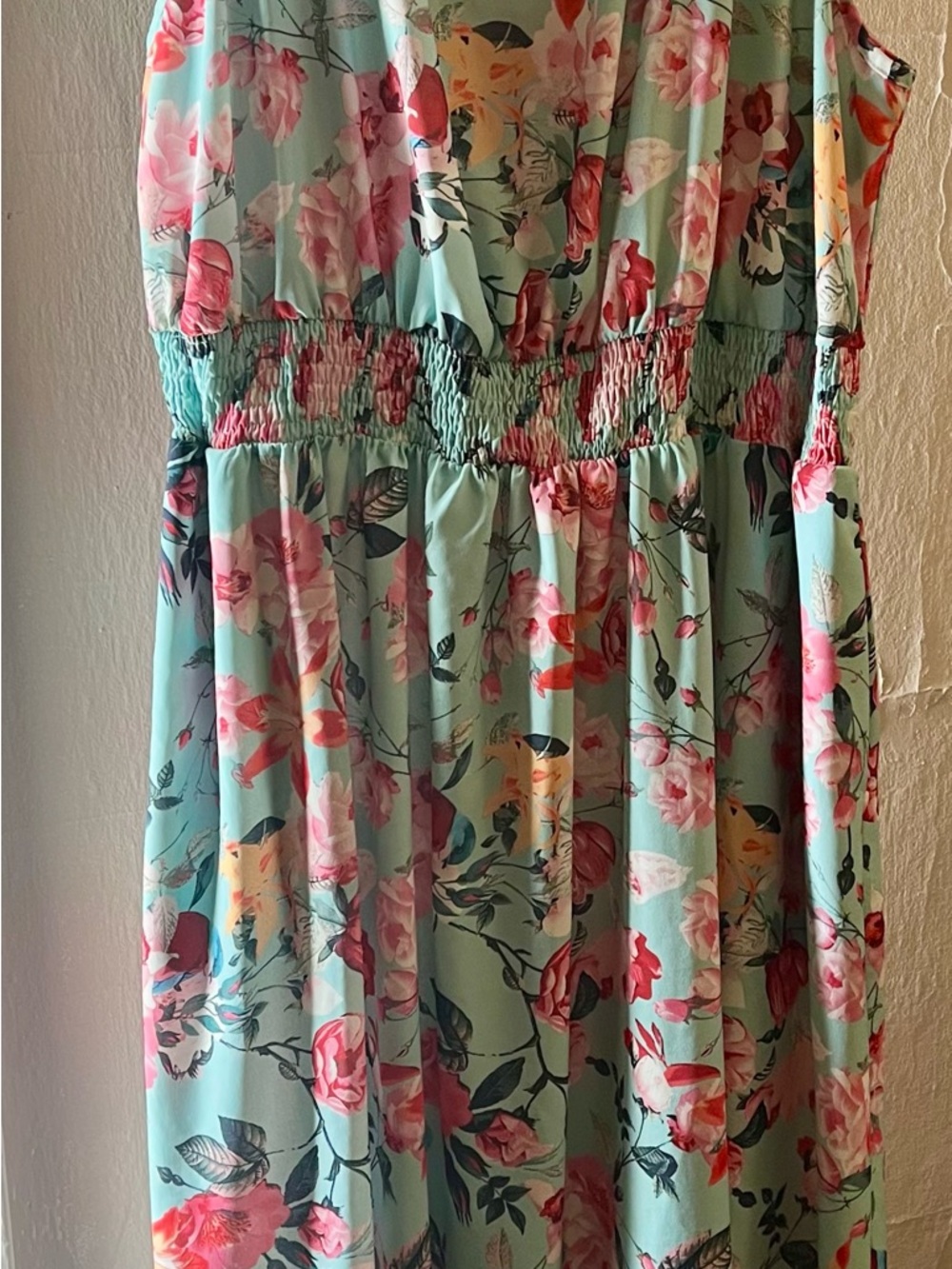 Floral Mint Midi Dress with Smocked Waist